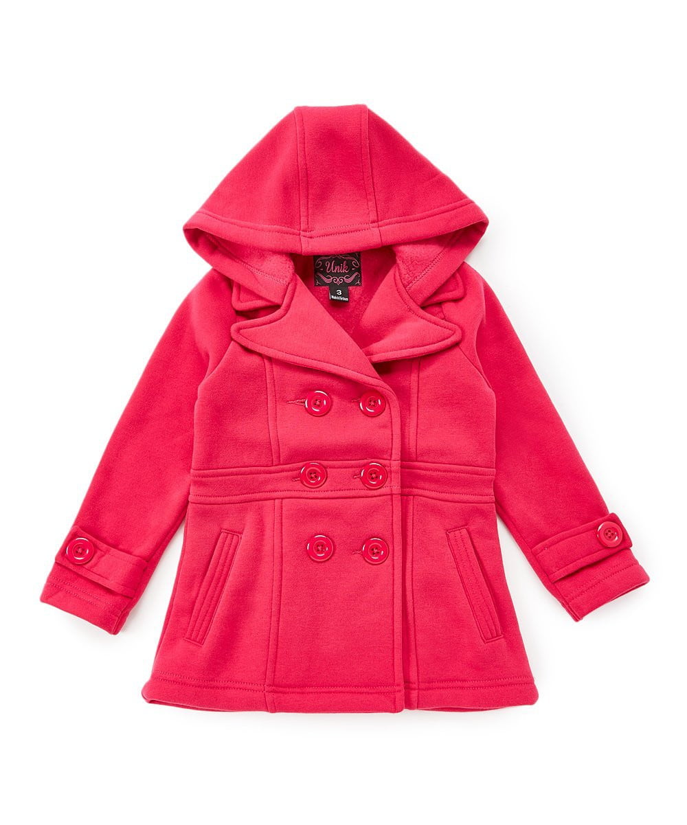 Girl Fleece Coat With Hood Fleece Fabric - Burgundy, Black, Navy, Red, Grey, Fushia, Hooded, Button Closure, Side Pockets (1 Piece)