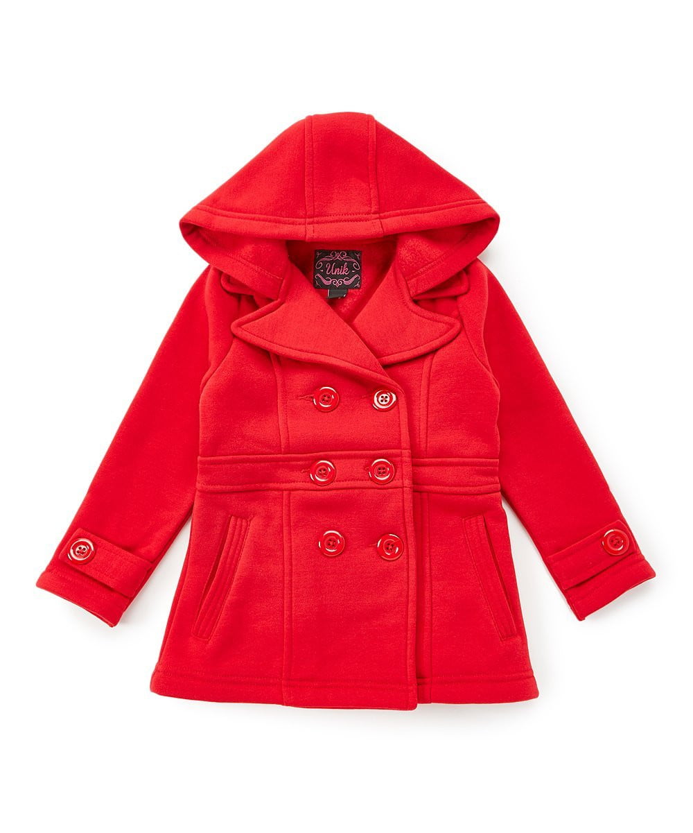 Girl Fleece Coat With Hood Fleece Fabric - Burgundy, Black, Navy, Red, Grey, Fushia, Hooded, Button Closure, Side Pockets (1 Piece)