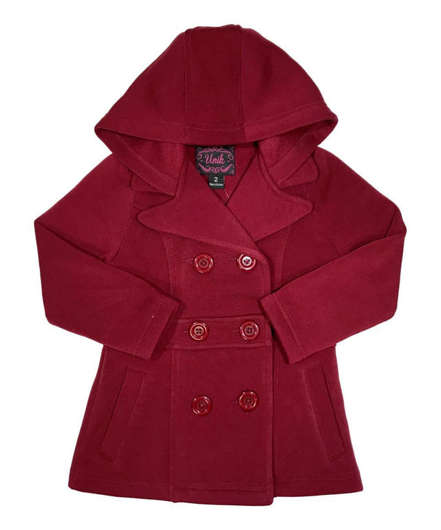 Girl Fleece Coat With Hood Fleece Fabric - Burgundy, Black, Navy, Red, Grey, Fushia, Hooded, Button Closure, Side Pockets (1 Piece)