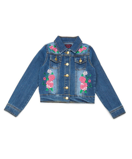 Girl Denim Jacket - Denim Fabric, Embroidered Flowers, Light Emoji, Dark Floral (1 Piece)