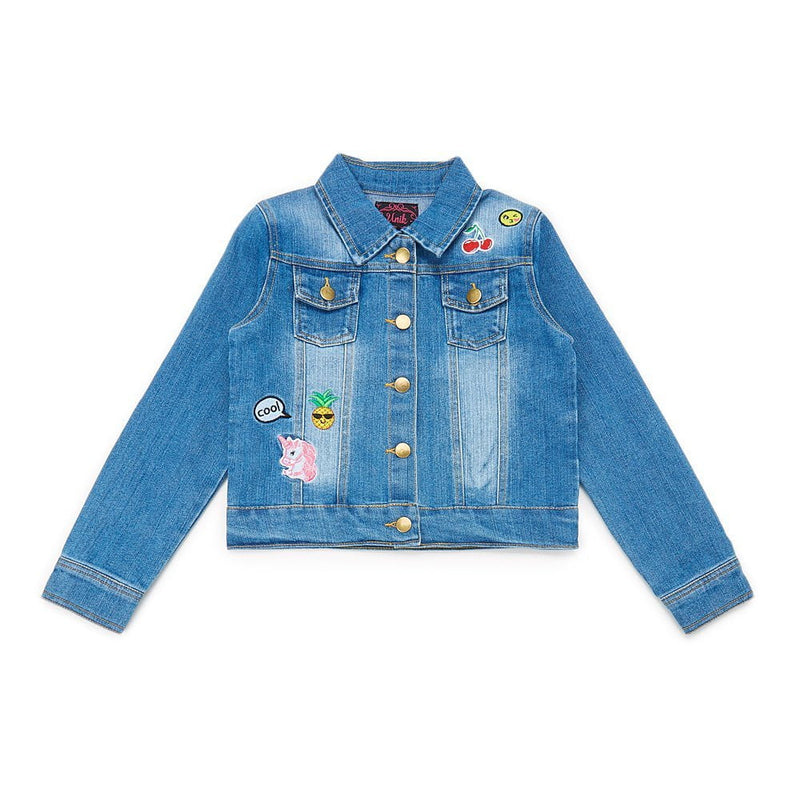Girl Denim Jacket - Denim Fabric, Embroidered Flowers, Light Emoji, Dark Floral (1 Piece)