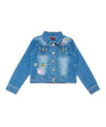 Girl Denim Jacket - Denim Fabric, Embroidered Flowers, Light Emoji, Dark Floral (1 Piece)