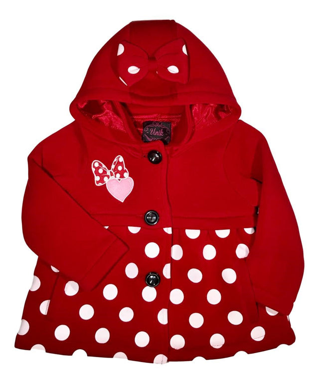 Fancy Heart Bow Polka Dot Coat Polyester Fabric - Pink, Red Polka Dot, Removable Hood, Button Closure (1 Piece)