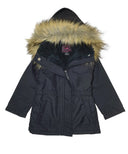 Girl'S Sherpa Lined Utility Coat - Polyester Lined Utility Coat, Navy, Black, Cedar Brown, Removable Fur Hood, Zipper Closure (1 Piece)