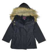 Girl'S Sherpa Lined Utility Coat - Polyester Lined Utility Coat, Navy, Black, Cedar Brown, Removable Fur Hood, Zipper Closure (1 Piece)