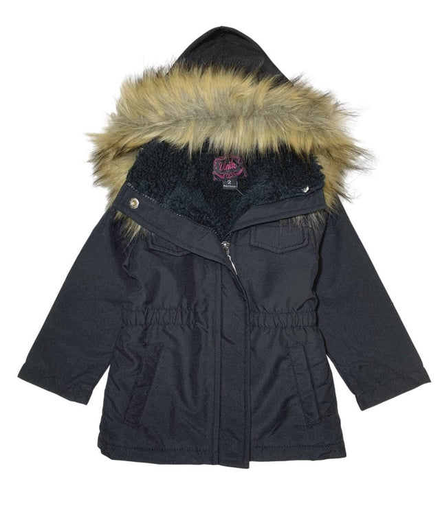 Girl'S Sherpa Lined Utility Coat - Polyester Lined Utility Coat, Navy, Black, Cedar Brown, Removable Fur Hood, Zipper Closure (1 Piece)