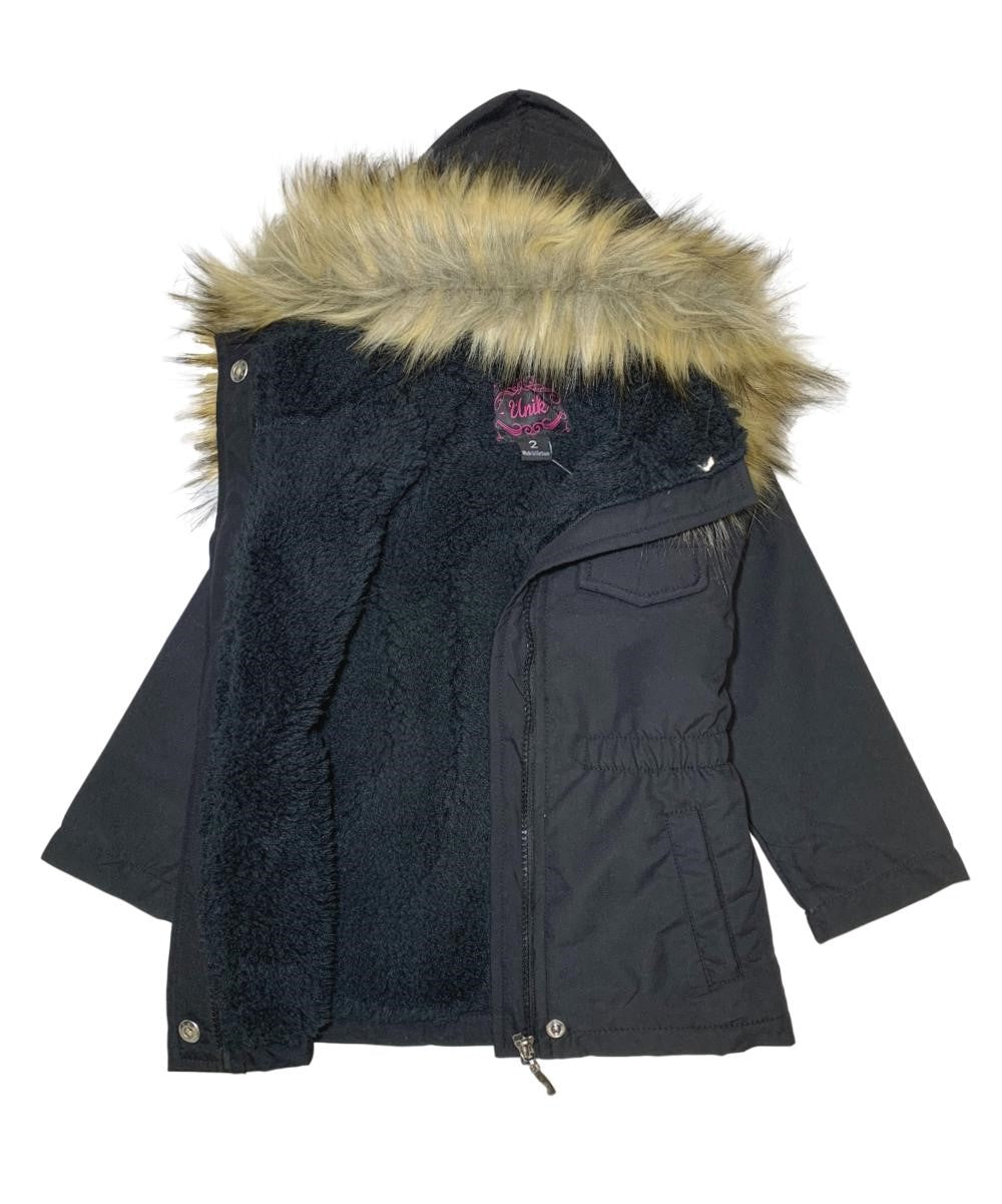 Girl'S Sherpa Lined Utility Coat - Polyester Lined Utility Coat, Navy, Black, Cedar Brown, Removable Fur Hood, Zipper Closure (1 Piece)