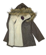 Girl'S Sherpa Lined Utility Coat - Polyester Lined Utility Coat, Navy, Black, Cedar Brown, Removable Fur Hood, Zipper Closure (1 Piece)