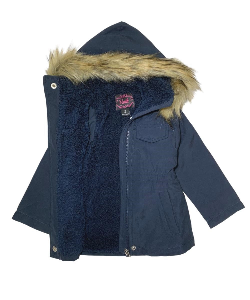 Girl'S Sherpa Lined Utility Coat - Polyester Lined Utility Coat, Navy, Black, Cedar Brown, Removable Fur Hood, Zipper Closure (1 Piece)