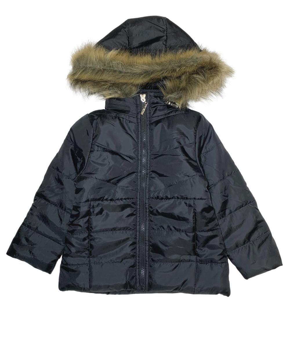 Girl's Zipper Hooded Puffer Jacket With Fur Polyester Fabric - Water-Resistant, Removable Fur Hood (1 Piece)