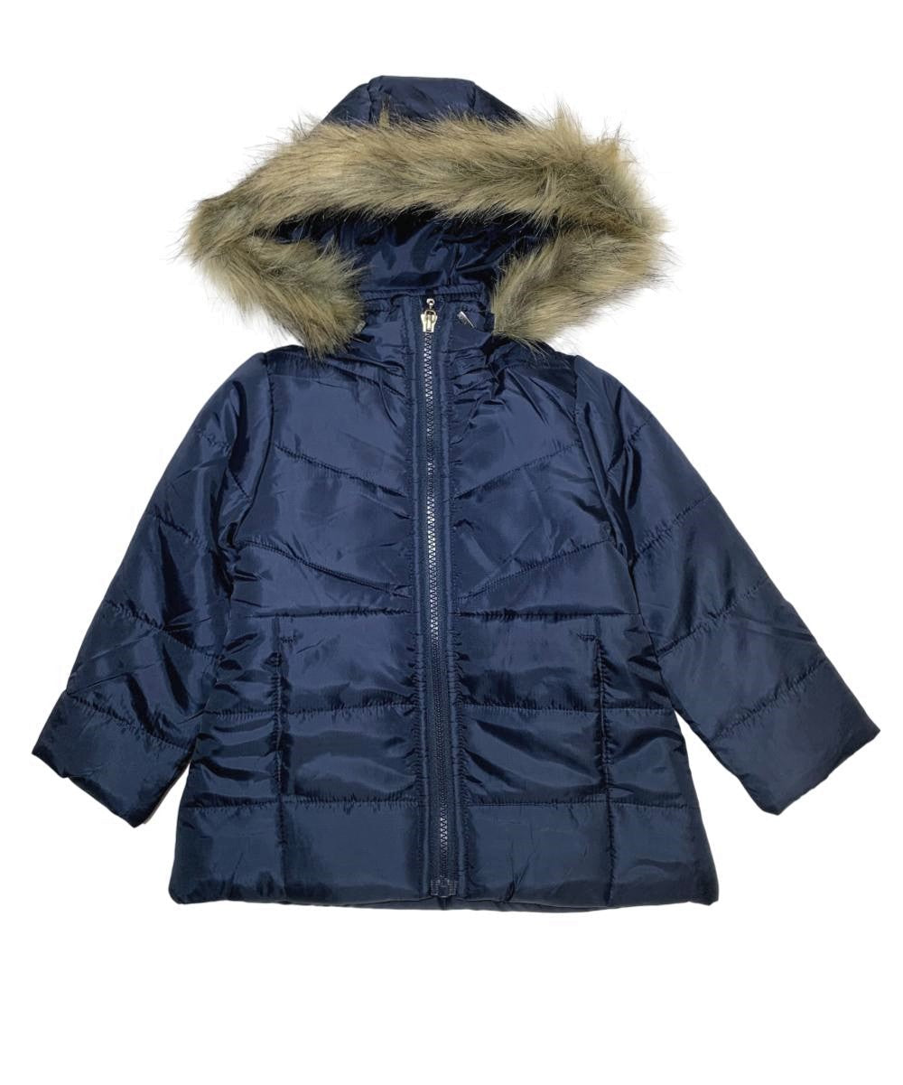 Girl's Zipper Hooded Puffer Jacket With Fur Polyester Fabric - Water-Resistant, Removable Fur Hood (1 Piece)