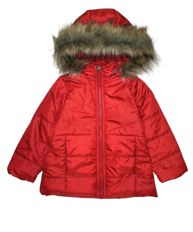 Girl's Zipper Hooded Puffer Jacket With Fur Polyester Fabric - Water-Resistant, Removable Fur Hood (1 Piece)