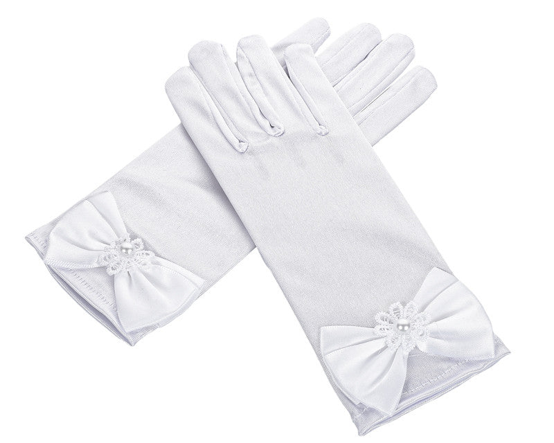 White 8-12 Years Old Kids Bow Satin Gloves Wrist Length - Pack of 12 Pairs