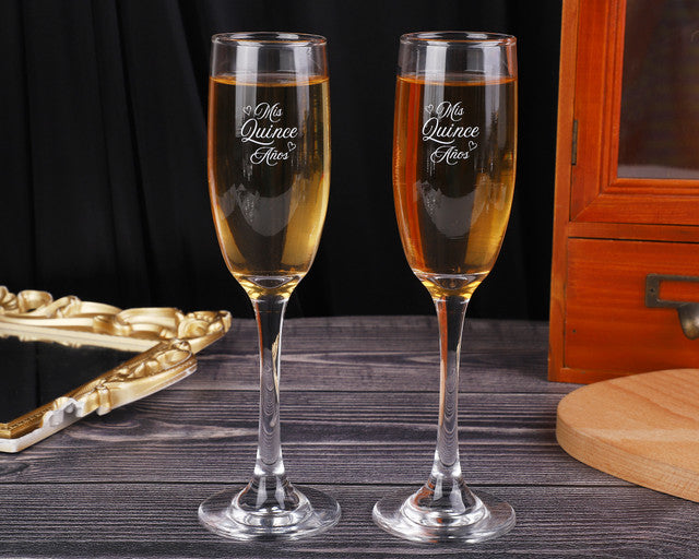 8.5" Clear Glass Quinceañera Heart Design Champagne Flutes – Pack of 6