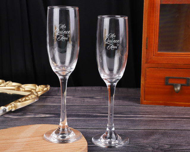 8.5" Clear Glass Quinceañera Heart Design Champagne Flutes – Pack of 6