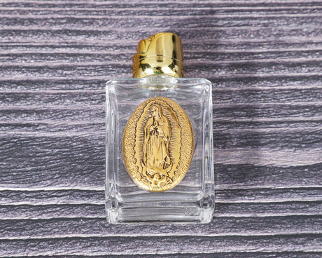 2.5" x 1 3/8" Rectangle Glass Gold Accent Guadalupe Holy Water Bottle - Pack of 12