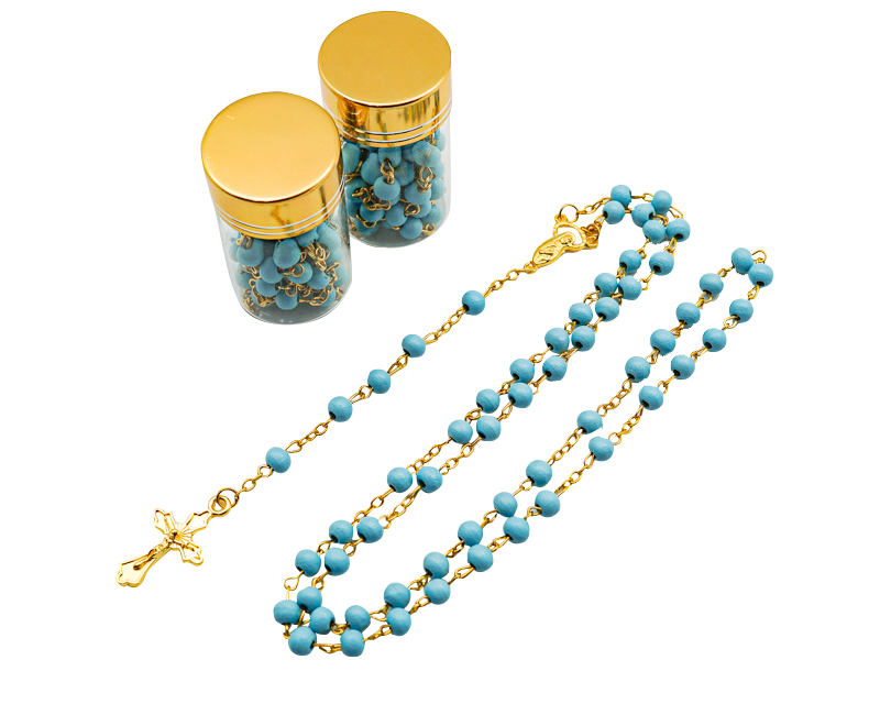 17.5" Gold and Blue Rosary in 2" Glass Bottle with Metallic Lid - Pack of 12