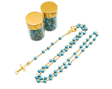 17.5" Gold and Blue Rosary in 2" Glass Bottle with Metallic Lid - Pack of 12