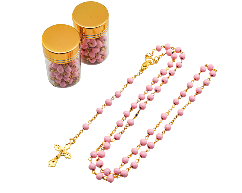 17.5" Gold and Pink Rosary in 2" Glass Bottle with Metallic Lid - Pack of 12