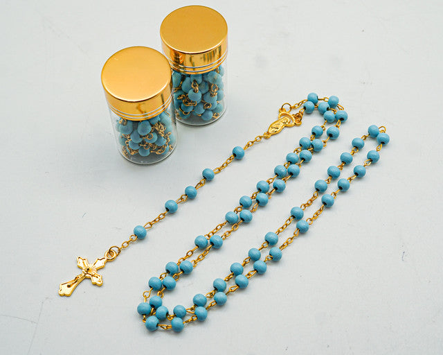 17.5" Gold and Blue Rosary in 2" Glass Bottle with Metallic Lid - Pack of 12