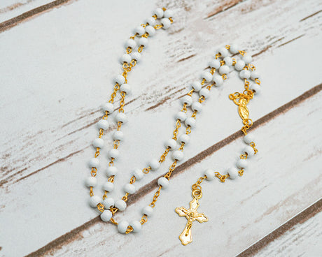 17.5" Gold and White Rosary in 2" Glass Bottle with Metallic Lid - Pack of 12