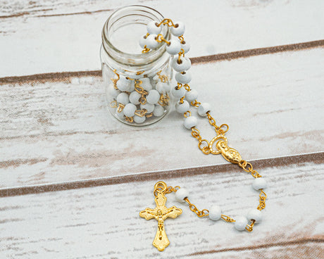17.5" Gold and White Rosary in 2" Glass Bottle with Metallic Lid - Pack of 12