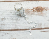 17.5" Silver and White Rosary in 2" Glass Bottle with Metallic Lid - Pack of 12