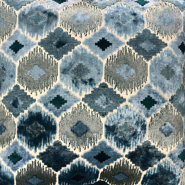 Gretty Fabric - Geometric Cut Velvet Fabric, Cerulean/Steel, 59" Width (1 Yard)