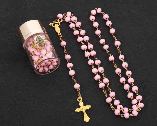 17.5" Gold and Pink Rosary in 2" Glass Bottle Guadalupe Sticker Jar - Pack of 14