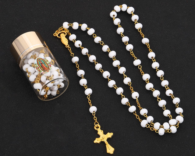 17.5" Gold and White Rosary in 2" Glass Bottle Guadalupe Sticker Jar - Pack of 15