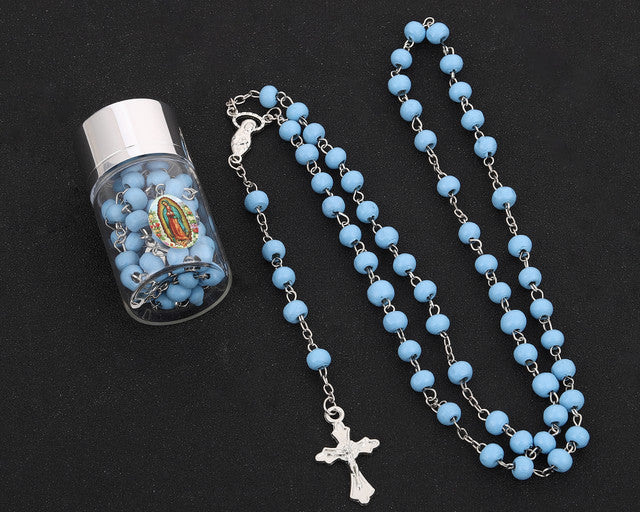 17.5" Silver and Blue Rosary in 2" Glass Bottle Guadalupe Sticker Jar - Pack of 16