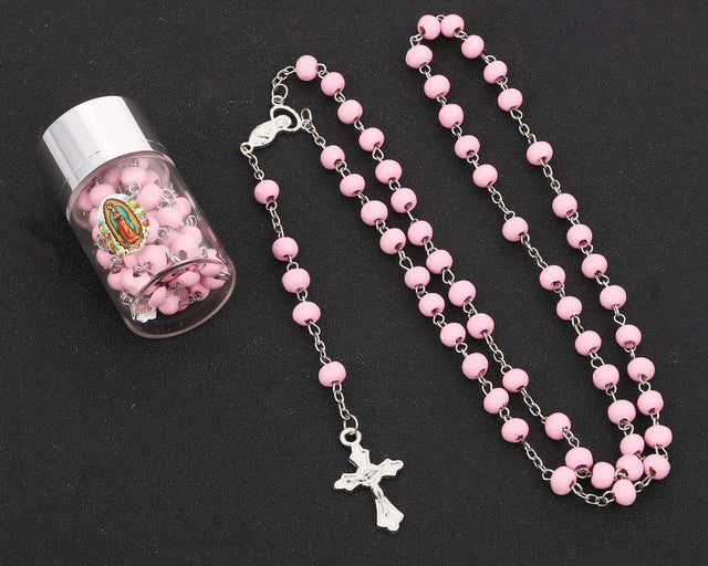 17.5" Silver and Pink Rosary in 2" Glass Bottle Guadalupe Sticker Jar - Pack of 17