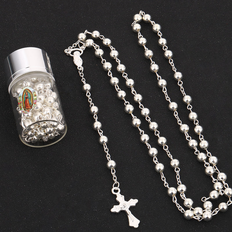 17.5" Silver and Silver Rosary in 2" Glass Bottle Guadalupe Sticker Jar - Pack of 18