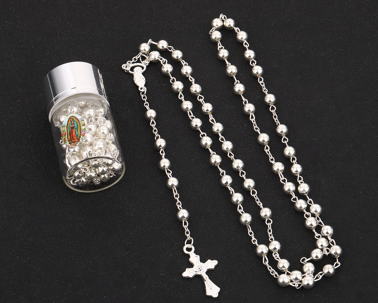 17.5" Silver and Silver Rosary in 2" Glass Bottle Guadalupe Sticker Jar - Pack of 18
