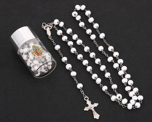 17.5" Silver and White Rosary in 2" Glass Bottle Guadalupe Sticker Jar - Pack of 19