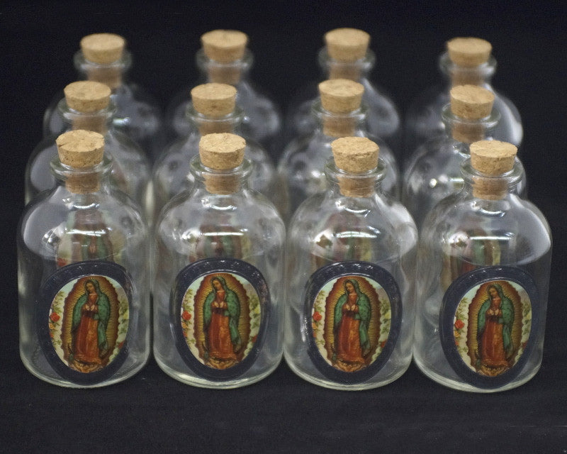 50ml Our Lady of Guadalupe Round Glass Bottle with Cork Top - Set of 12 Bottles