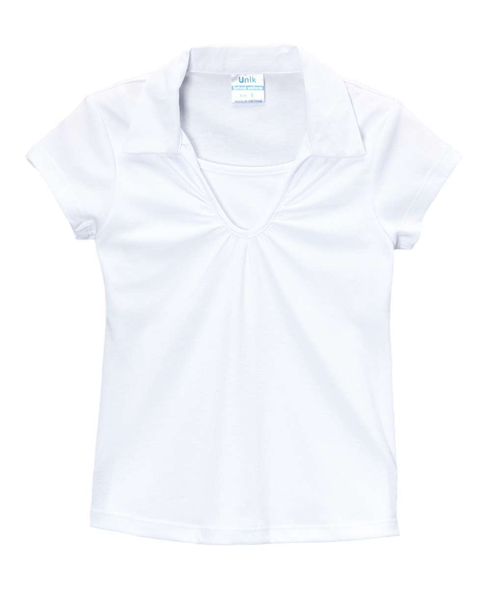 Girl's Uniform V-Neck Collar Shirt Polyester Cotton Fabric - White, Navy, Sky Blue, H. Green, Red, Burgundy, Purple, Yellow, Interlock Fabric, Sizes 5-18 (1 Piece)
