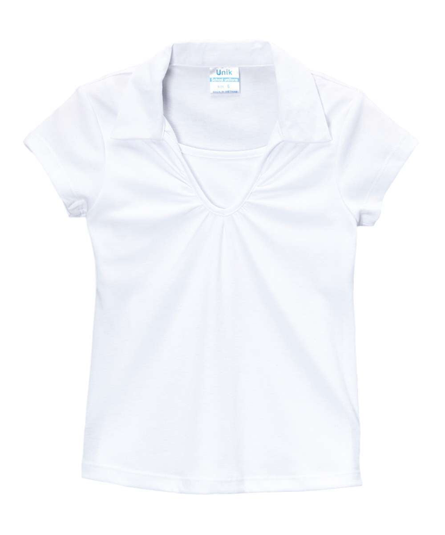 Girl's Uniform V-Neck Collar Shirt Polyester Cotton Fabric - White, Navy, Sky Blue, H. Green, Red, Burgundy, Purple, Yellow, Interlock Fabric, Sizes 5-18 (1 Piece)