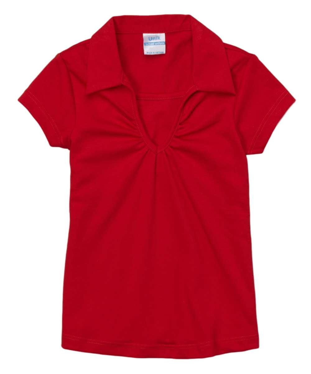 Girl's Uniform V-Neck Collar Shirt Polyester Cotton Fabric - White, Navy, Sky Blue, H. Green, Red, Burgundy, Purple, Yellow, Interlock Fabric, Sizes 5-18 (1 Piece)