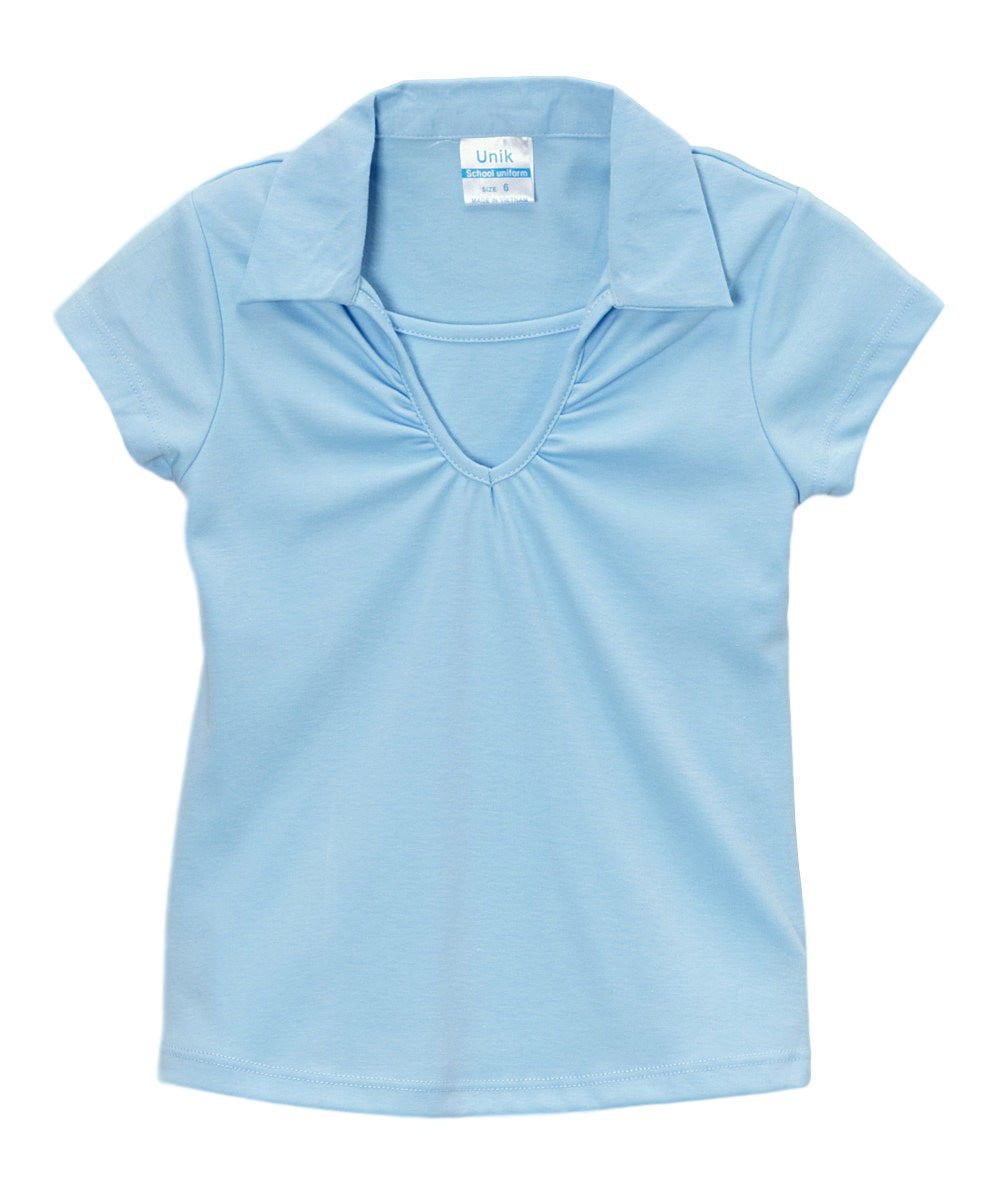 Girl's Uniform V-Neck Collar Shirt Polyester Cotton Fabric - White, Navy, Sky Blue, H. Green, Red, Burgundy, Purple, Yellow, Interlock Fabric, Sizes 5-18 (1 Piece)