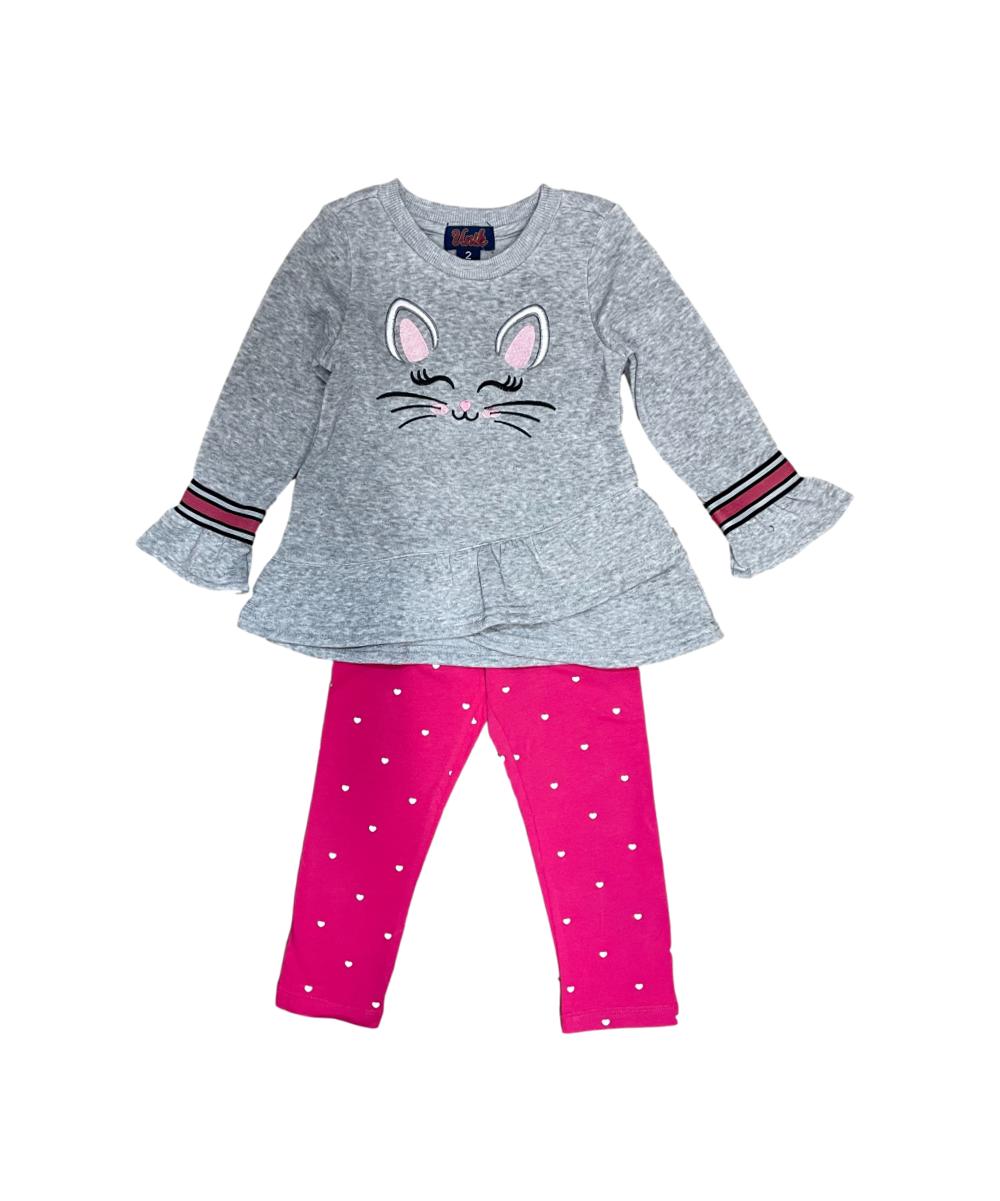 Kitty Whisker Polyester Fabric - Embroidered Kitty, Red, Rose, Grey, 2 Piece Set With Legging (1 Set)
