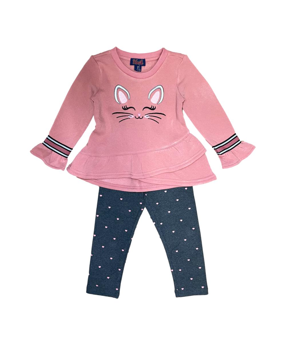 Kitty Whisker Polyester Fabric - Embroidered Kitty, Red, Rose, Grey, 2 Piece Set With Legging (1 Set)