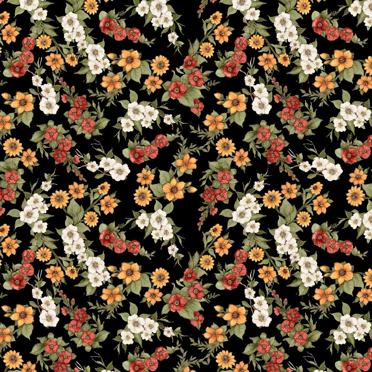 Quilting Cotton Garden Gate Roosters Black Floral Wilmington Prints