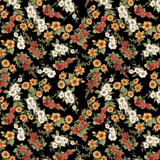 Quilting Cotton Garden Gate Roosters Black Floral Wilmington Prints