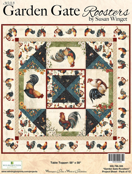 Quilting Cotton Garden Gate Roosters Black Floral Wilmington Prints