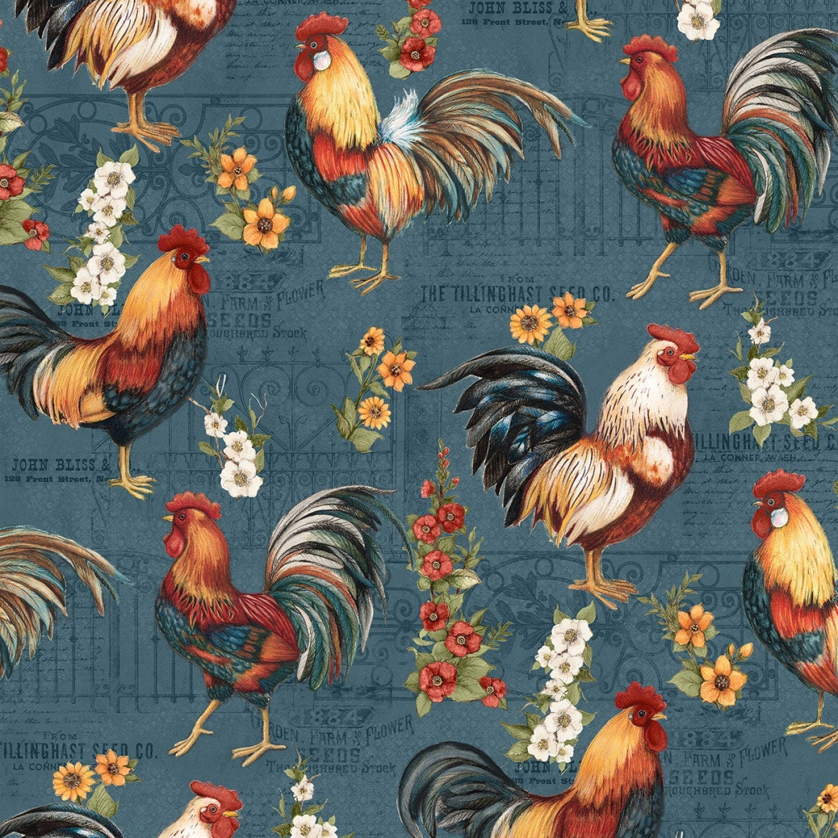 Quilting Cotton Garden Gate Roosters by Susan Winget Cream Teal Large All Over Wilmington Prints