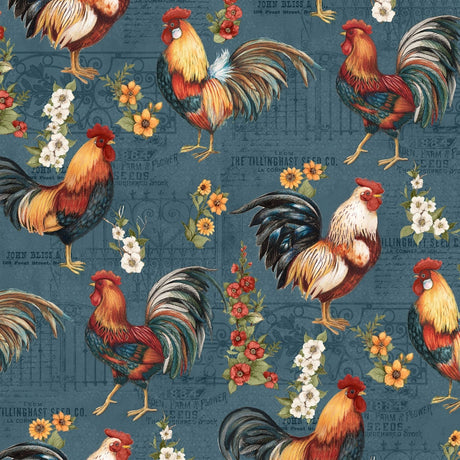 Quilting Cotton Garden Gate Roosters by Susan Winget Cream Teal Large All Over Wilmington Prints