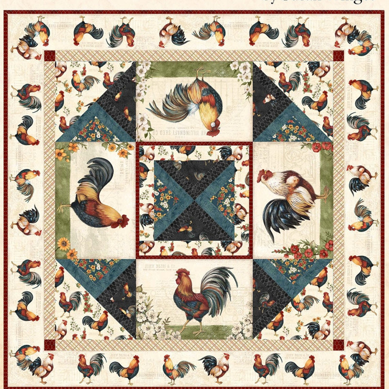 Quilting Cotton Garden Gate Roosters by Susan Winget Cream Teal Large All Over Wilmington Prints