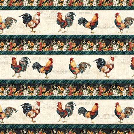 Quilting Cotton Garden Gate Roosters Repeating Stripe Wilmington Prints