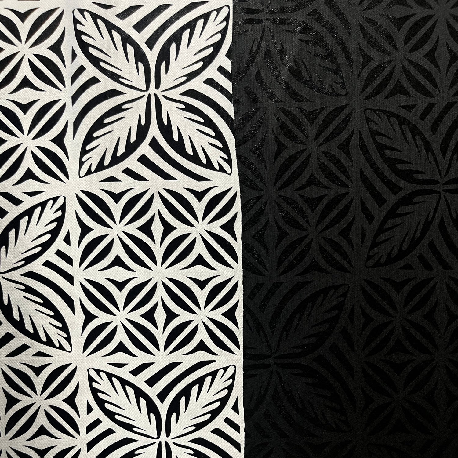 Geometric Floral Panel Polyester Foil Fabric - White On White, Black On Black, White On Beige, Black On White, 36" X 58" (1 Yard)